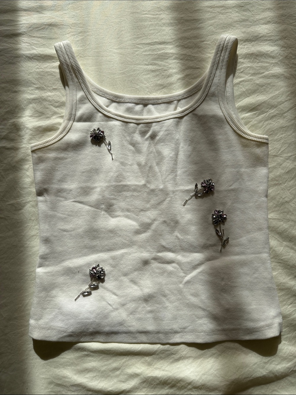 White Floral Embellished Tank Top
